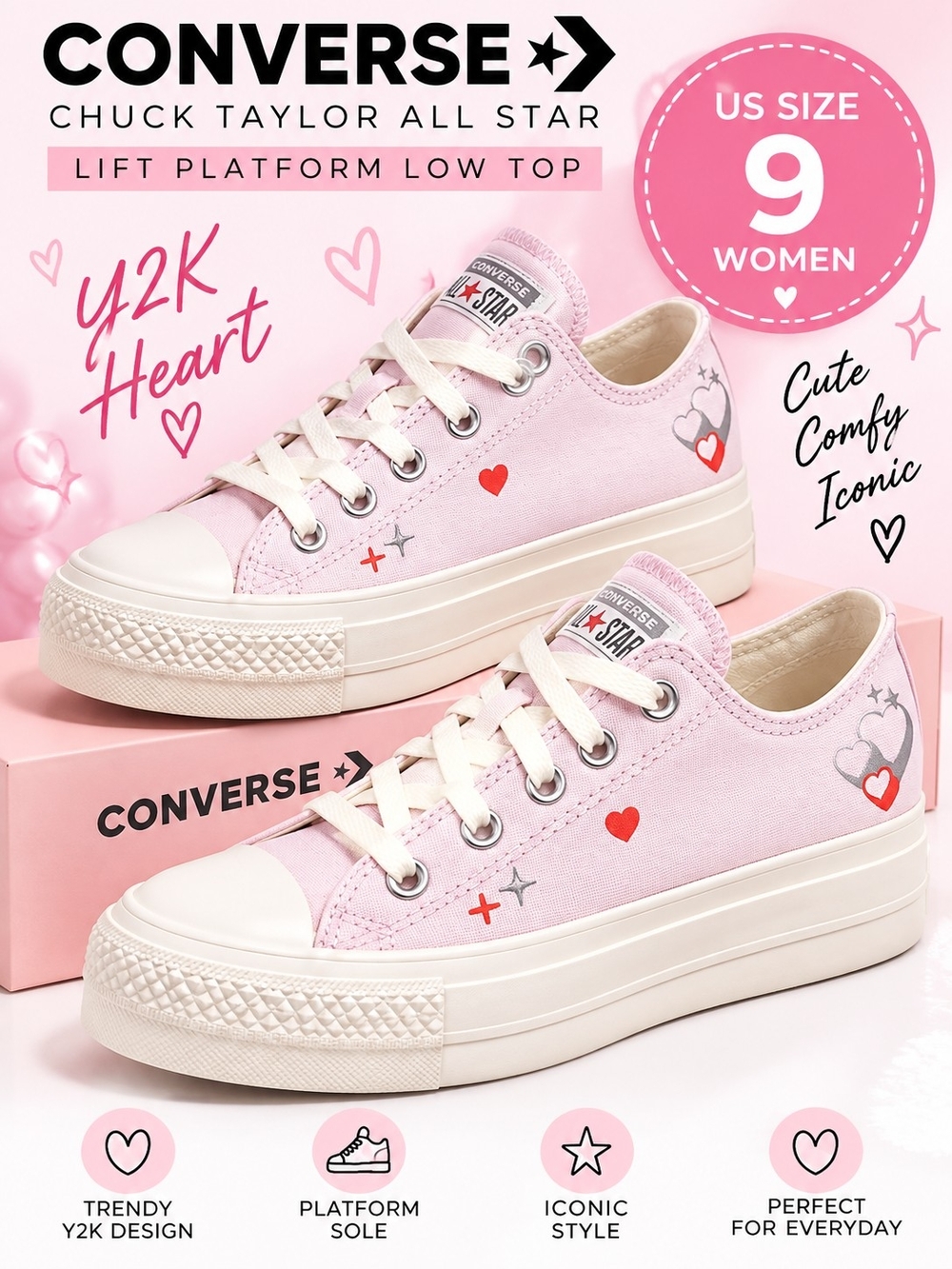 Women's Converse Chuck Taylor All Star Lift Platform Y2K Heart Low Top - Size: 9